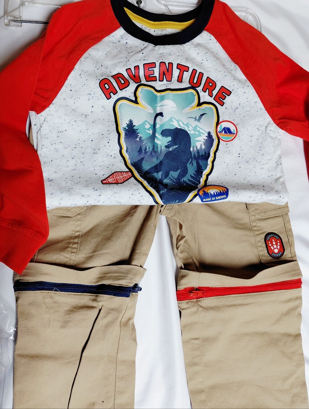 Boys Size 5 Shirt Dinosaur Raglan Style with Size 6 Khaki Cargo Pants or Shorts